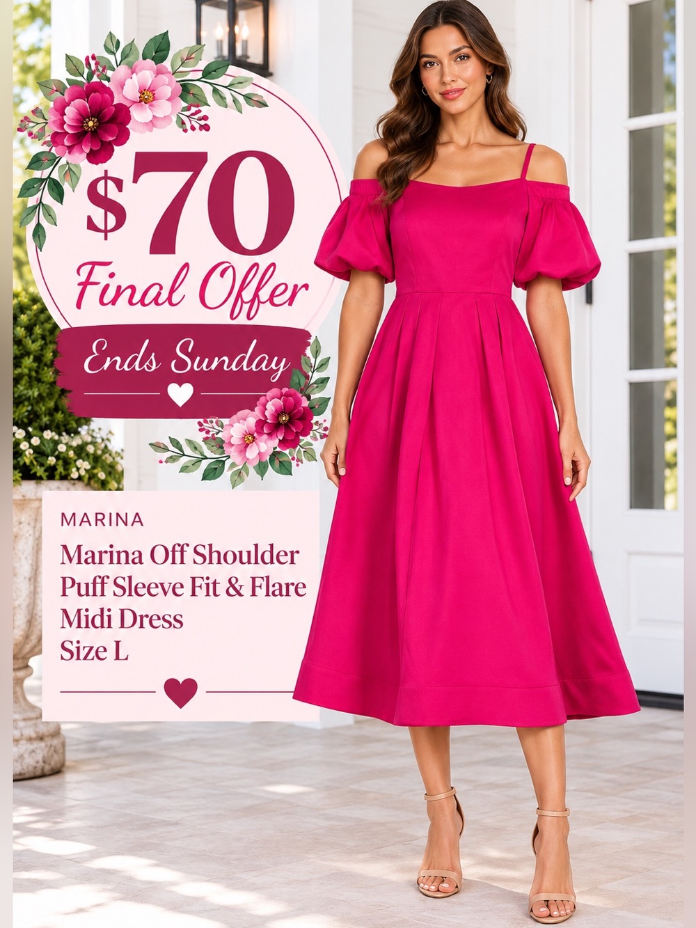 Marina Off Shoulder Puff Sleeve Fit & Flare Midi Dress Size L